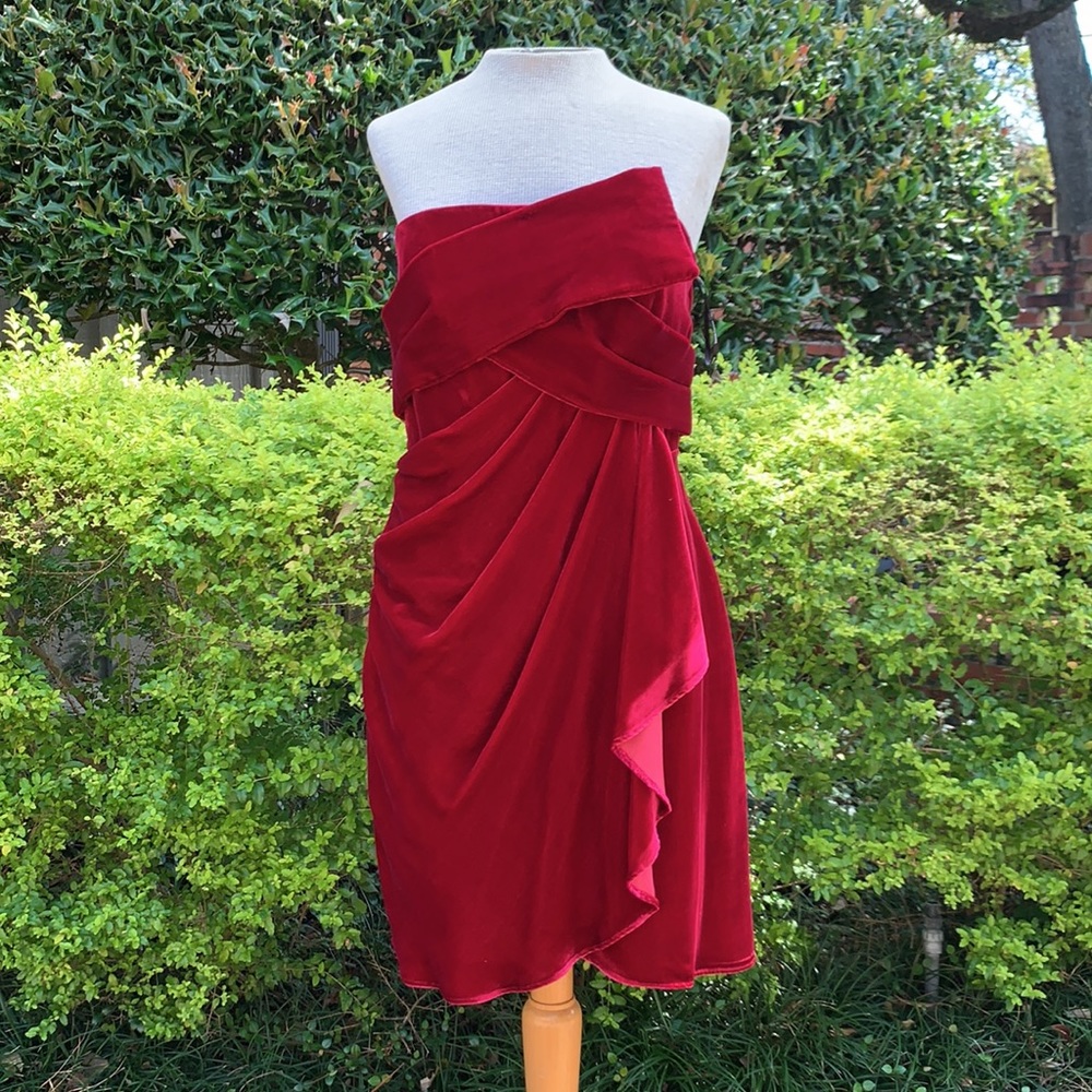 Strapless red velvet cocktail dress